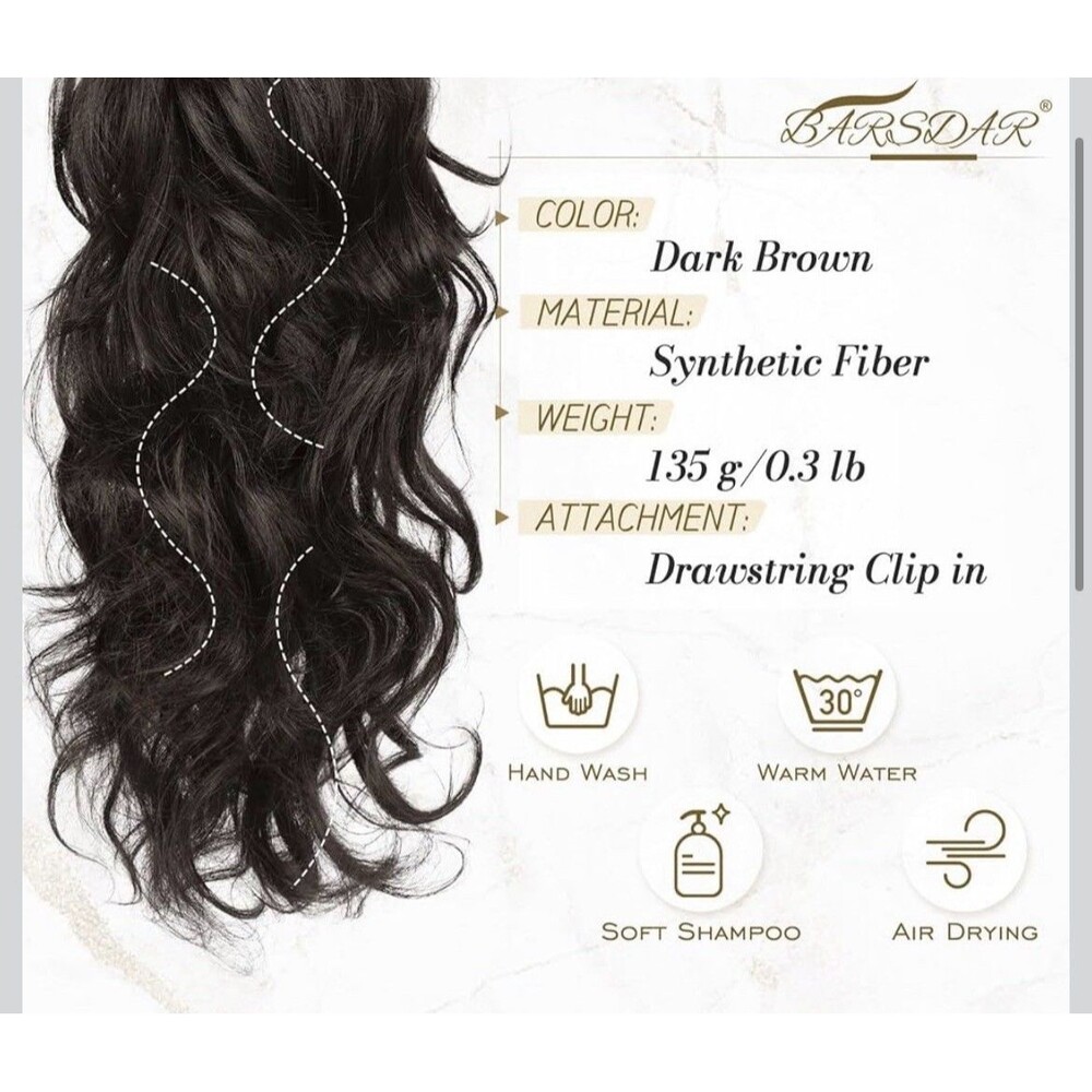 BARSDAR‎ Tape-In BARSDAR Claw Clip Ponytail Extension  Curly Wavy Dark Brown